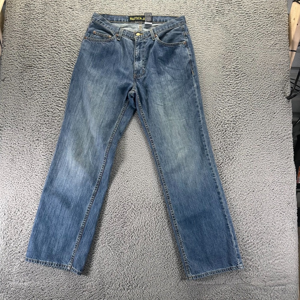 Vintage Nautica Jeans Mens 32x32 Blue Cotton Denim Straight Baggy Faded Workwear